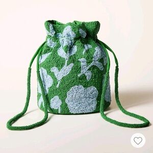 Kate Spade x Target Green beaded drawstring bag with blue floral NWT